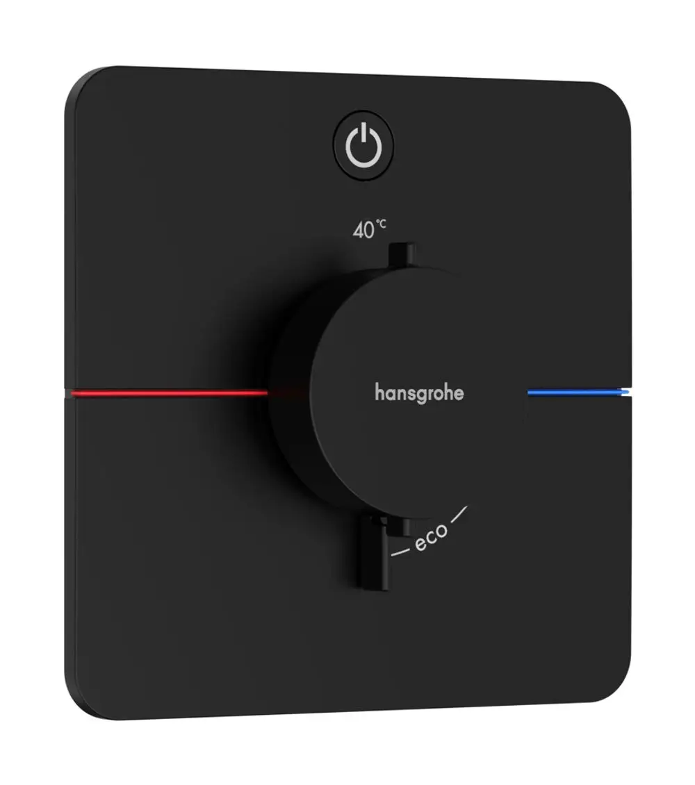 Schwarzer Thermostat von Hansgrohe mit Drehknopf zur Temperaturregelung und Eco-Funktion, integriert in eine quadratische Wandoberfläche.